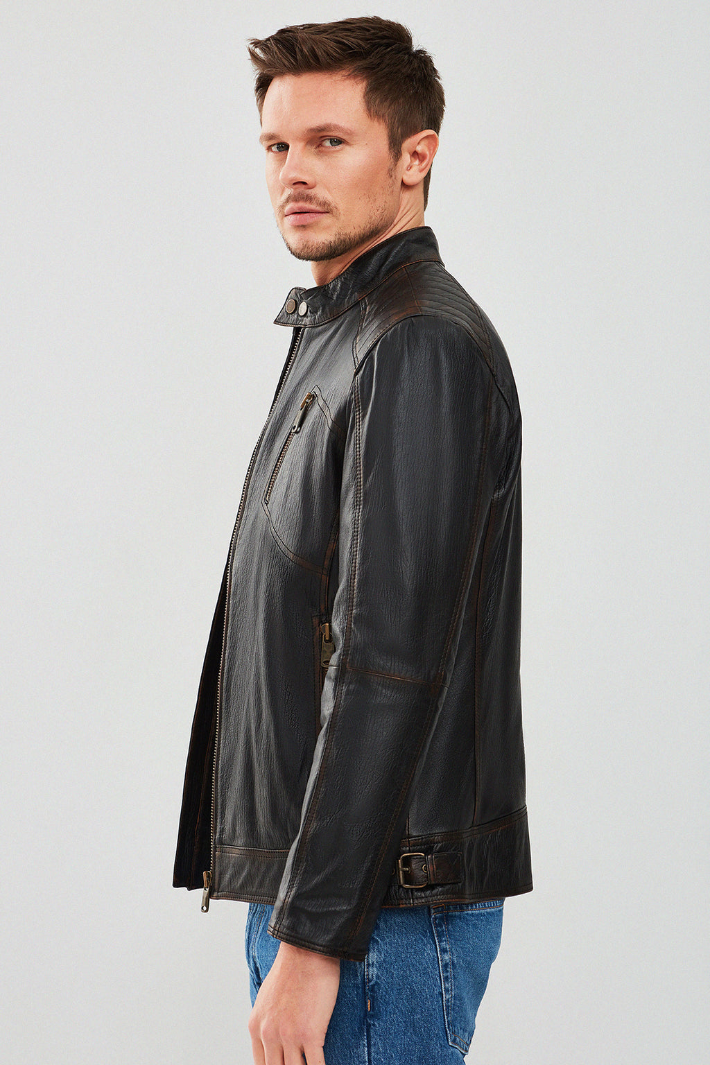 New Durant Erkek Siyah Slim-Fit Vintage Deri Mont