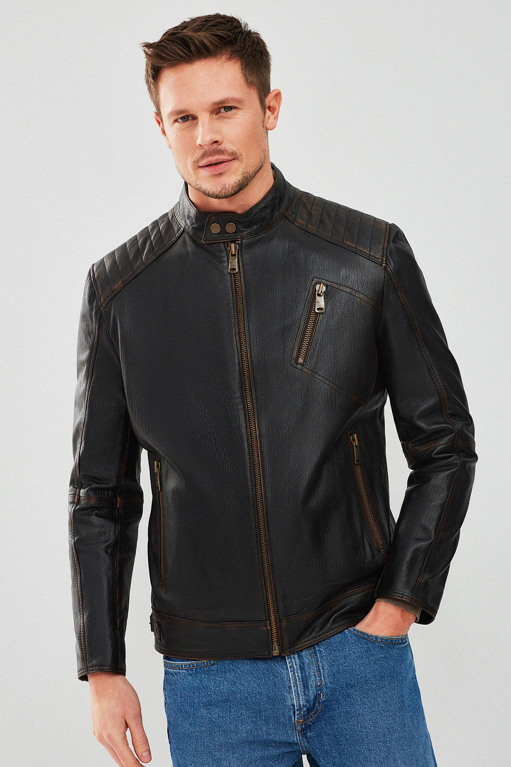 New Durant Erkek Siyah Slim-Fit Vintage Deri Mont