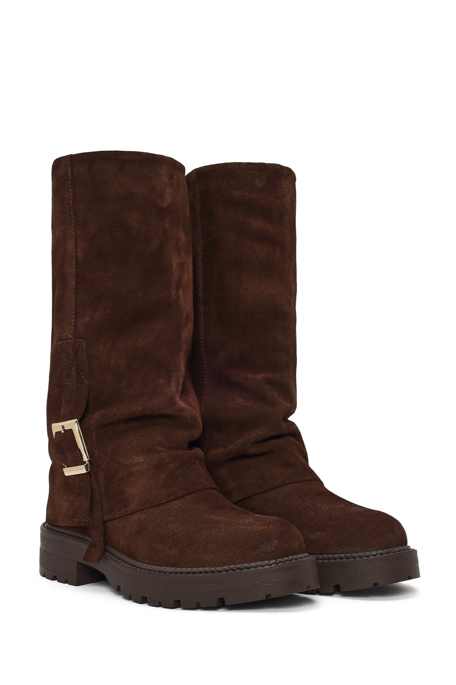Woman Brown Buckled Suede Boots