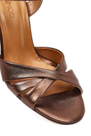 Women's Copper Ankle Buckle High Thick Heel Metallic Leather Sandals | Derimod
