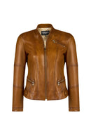 Donna Woman Camel Mandarin Collar Leather Jacket | Derimod
