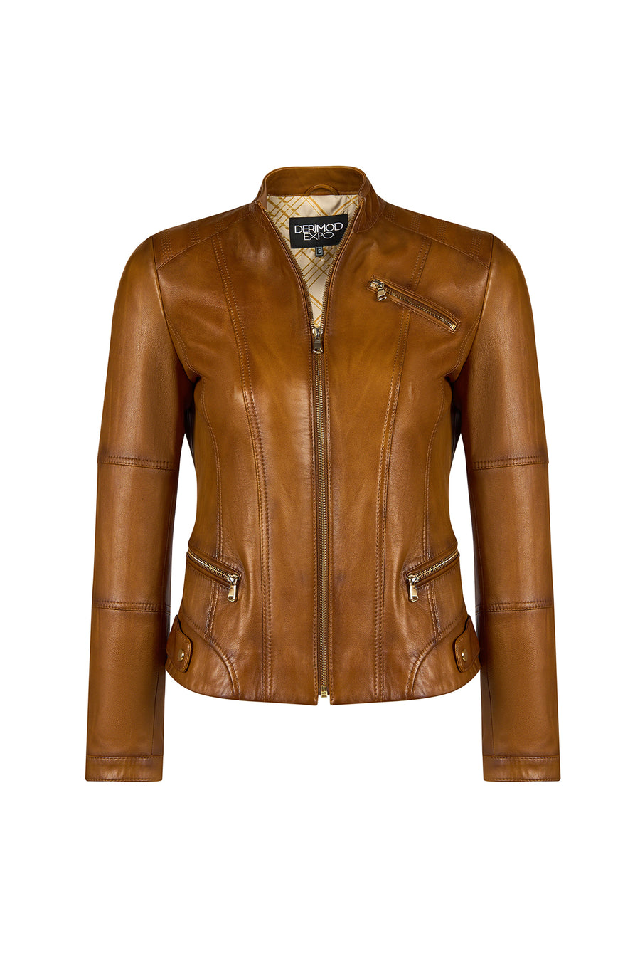 Donna Woman Camel Mandarin Collar Leather Jacket