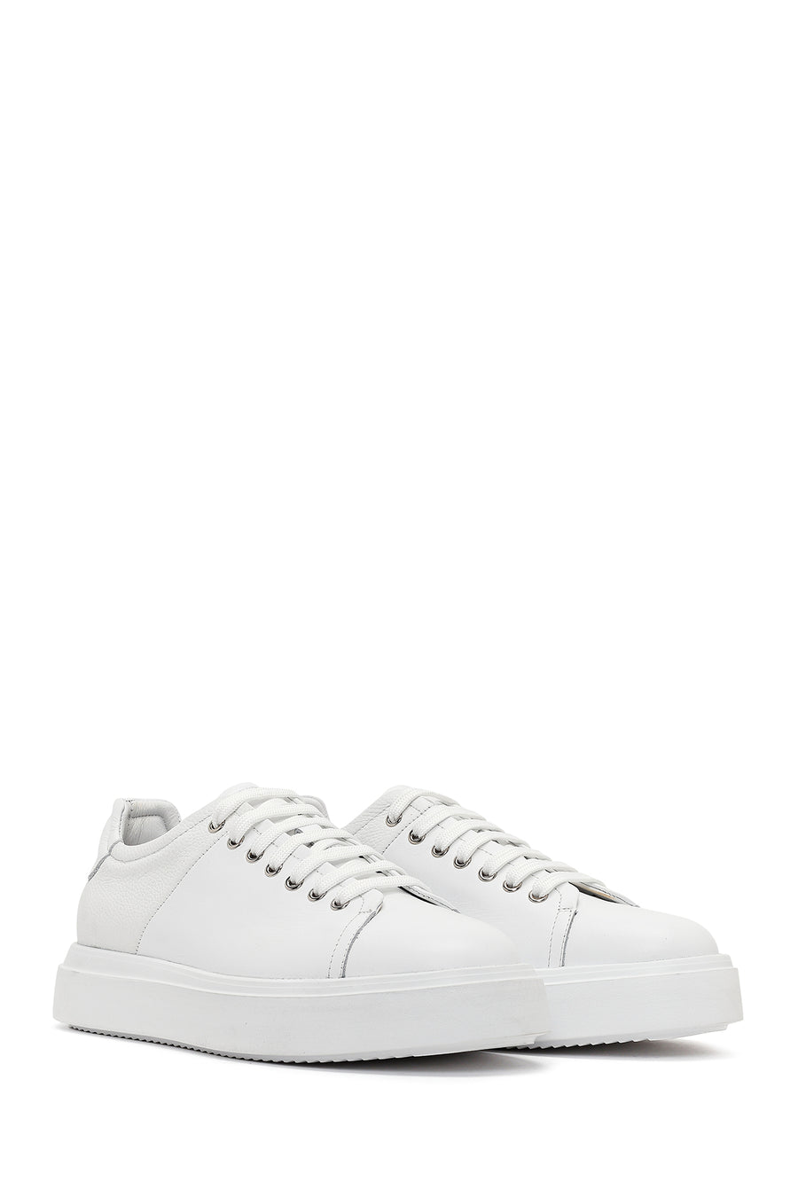 Erkek Beyaz Bağcıklı Kalın Tabanlı Deri Sneaker
