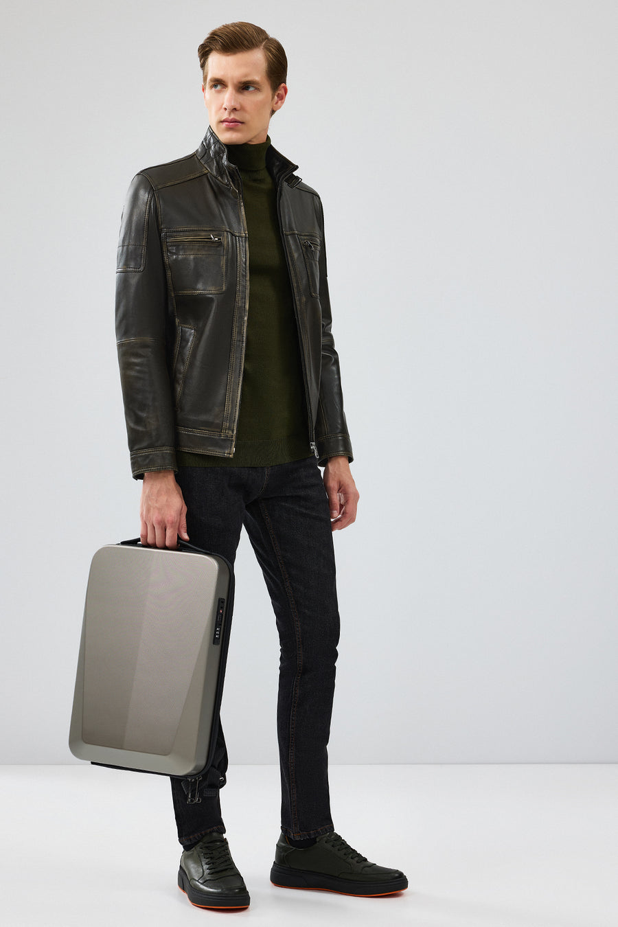 Wade Erkek Yeşil Slim-Fit Deri Mont