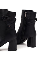 Woman Black Zip Closure Thick-Heeled Leather Boots | Derimod