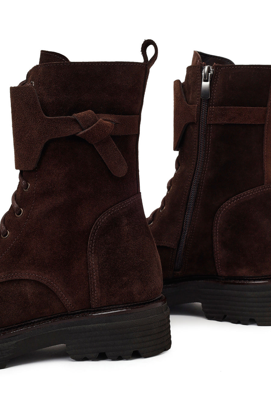 Woman Brown Lace-Up Zip Closure Suede Combat Boots