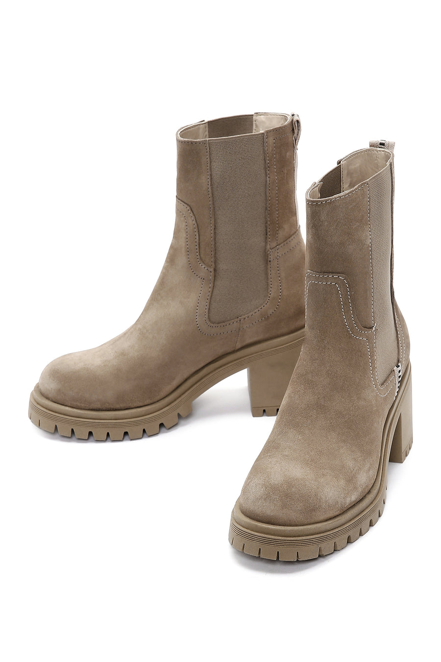 Women's Beige Suede Leather Heeled Chelsea Boots