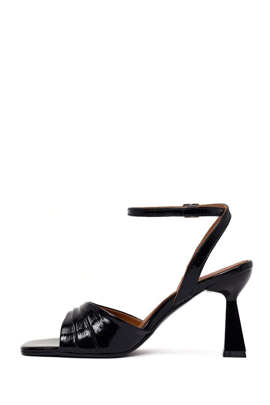 Woman Black Ankle-Strap Buckle Thick-Heel Leather Sandal