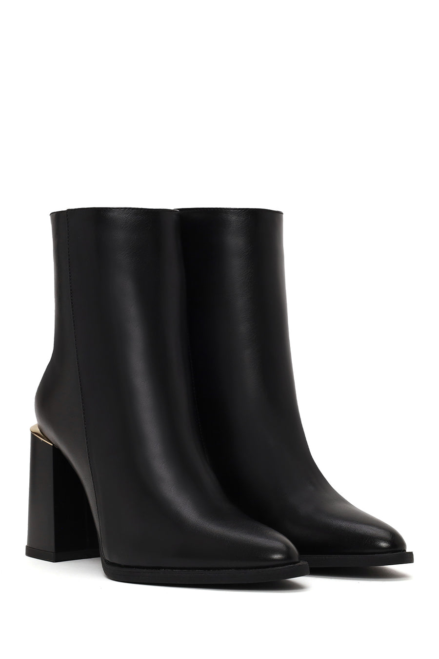 Woman Black Zip Closure Thick-Heeled Leather Boots