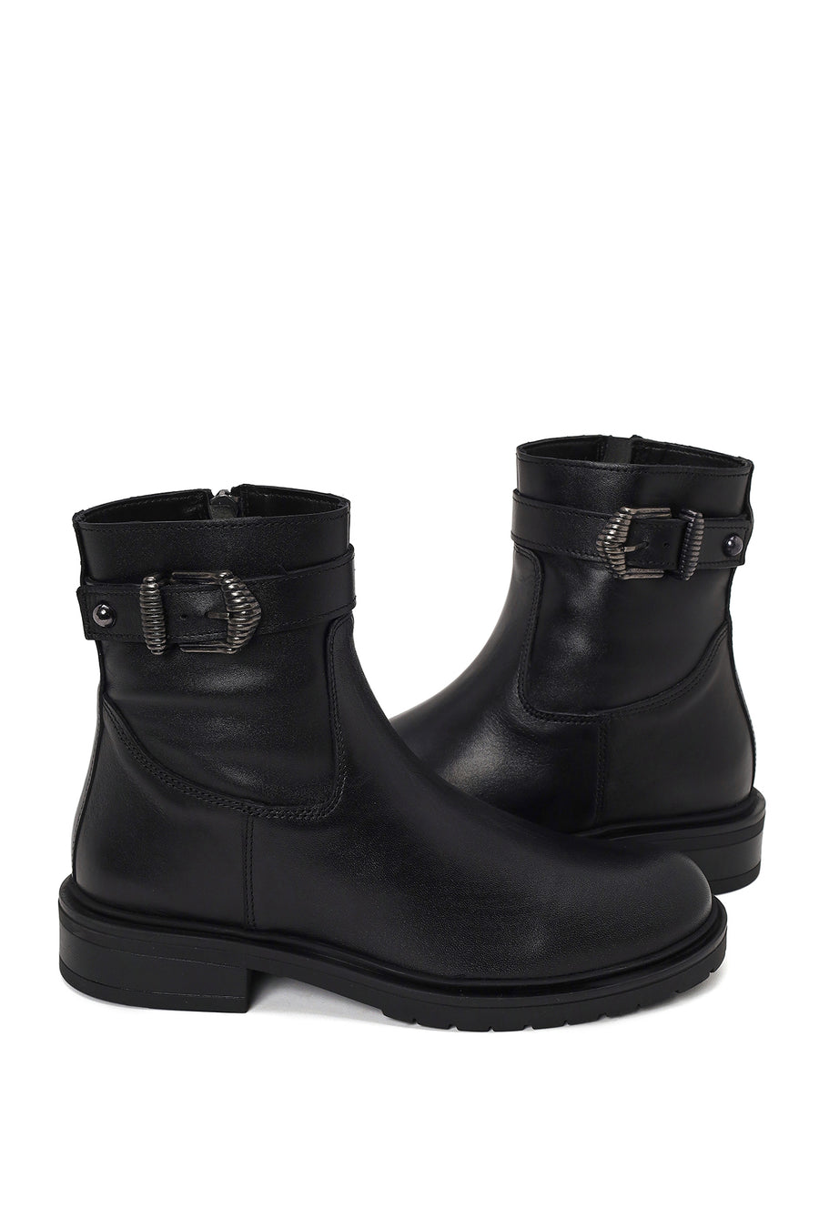 Woman Black Buckled Zip Closure Leather Casual Boots