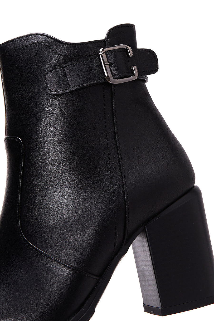 Women's Black Leather Buckle Heeled Boots