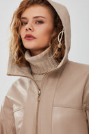 Roma Women's Beige Hooded Double-Sided Oversize Leather Jacket | Derimod