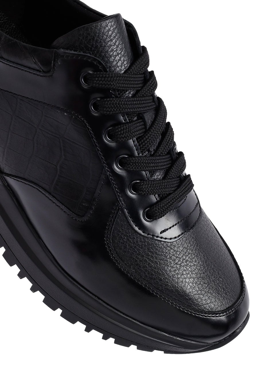 Erkek Siyah Bağcıklı Deri Casual Sneaker