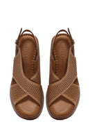 Women's Tan Ankle Strap Printed Wedge Heel Leather Comfort Sandals | Derimod