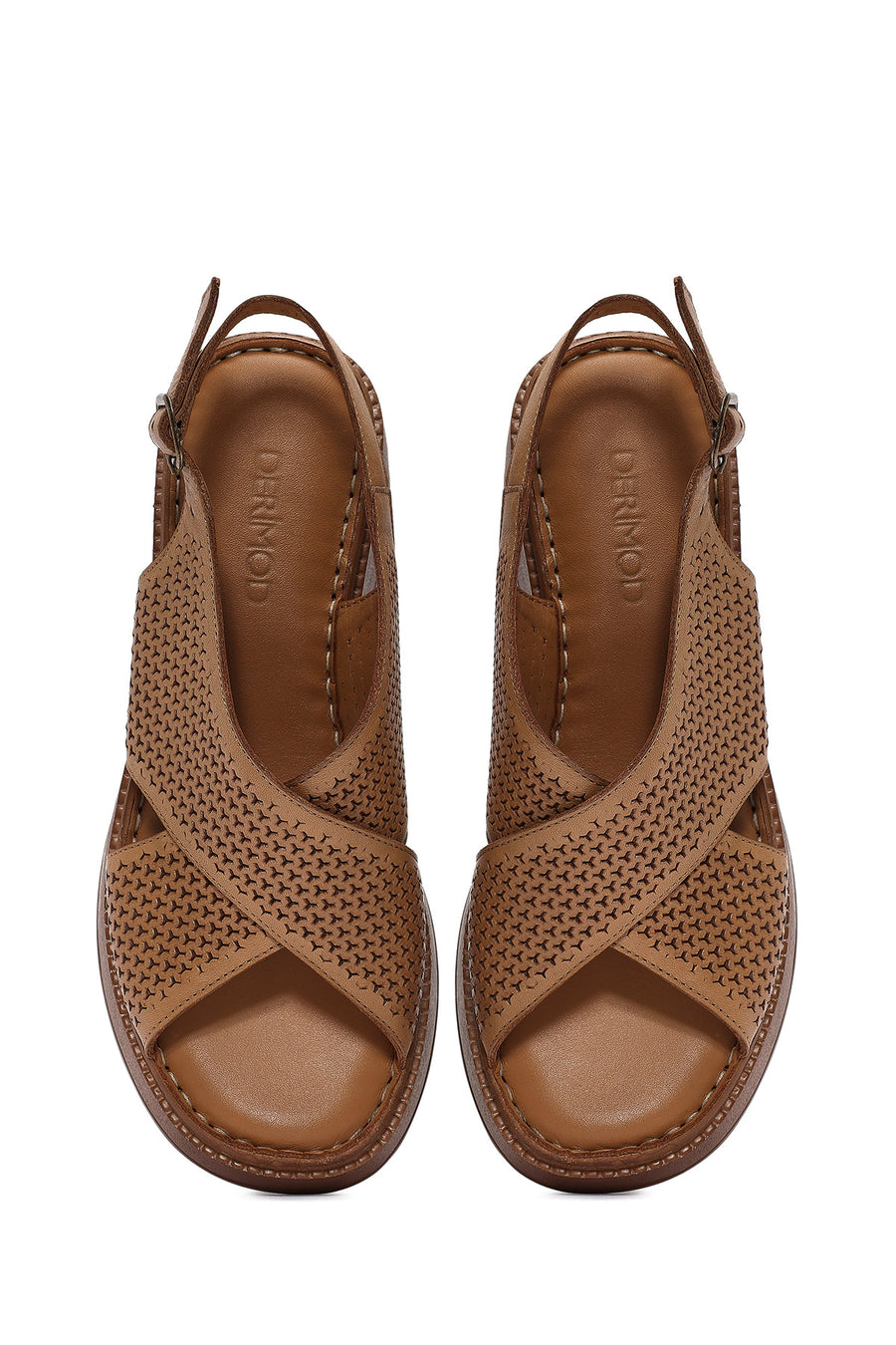 Women's Tan Ankle Strap Printed Wedge Heel Leather Comfort Sandals