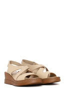 Woman Beige Wedge Heel Leather Comfort Sandal | Derimod