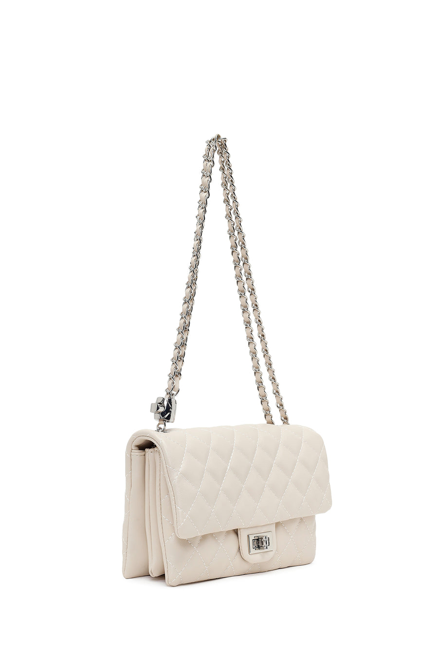 Woman Cream Chain-Strap Quilted Shoulder Bag