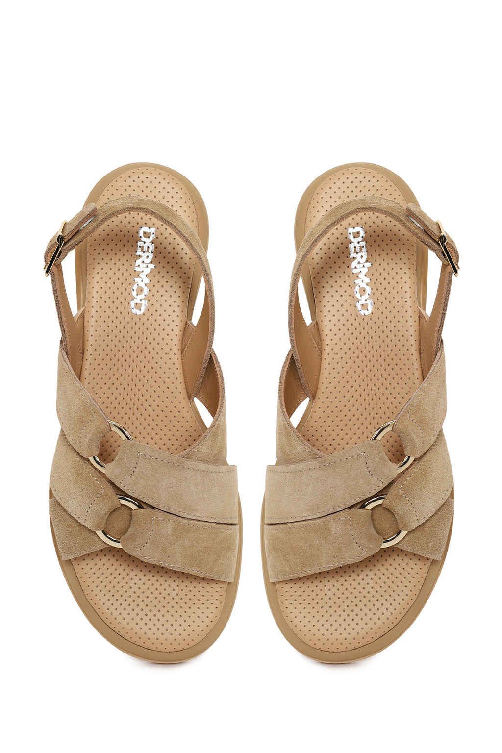 Kadın Bej Tokalı Süet Deri Sandalet