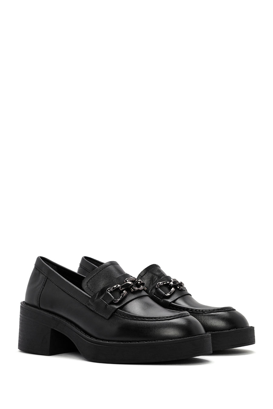 Women's Black Thick Heeled Leather Masculine Loafer