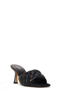 Woman Black Printed Thin-Heeled Leather Slippers | Derimod