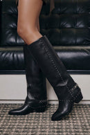 Woman Black Studded Chunky-Heeled Leather Cowboy Boots | Derimod