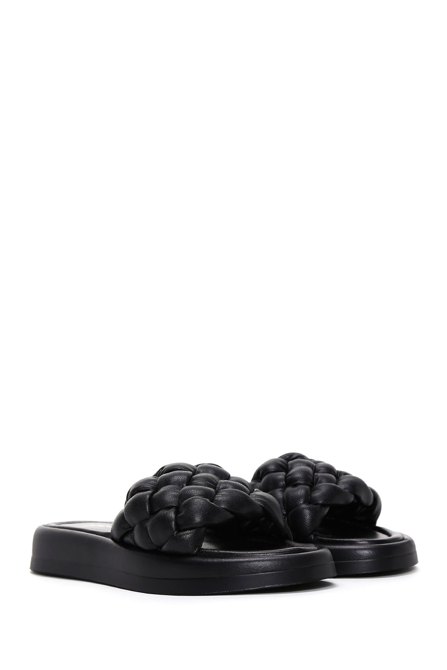 Women's Black Leather Braided Comfort Slippers
