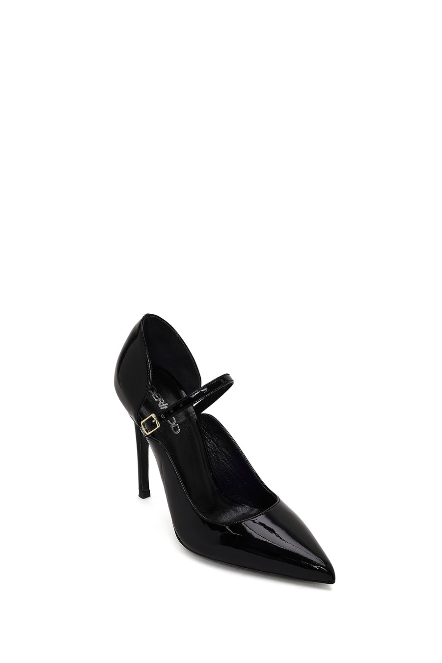 Woman Black Buckled High Thin-Heeled Patent Leather Leather Shoes