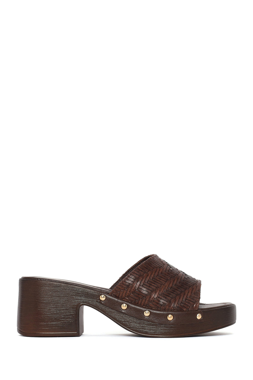 Kadın Kahverengi Desenli Kısa Kalın Topuklu Deri Terlik