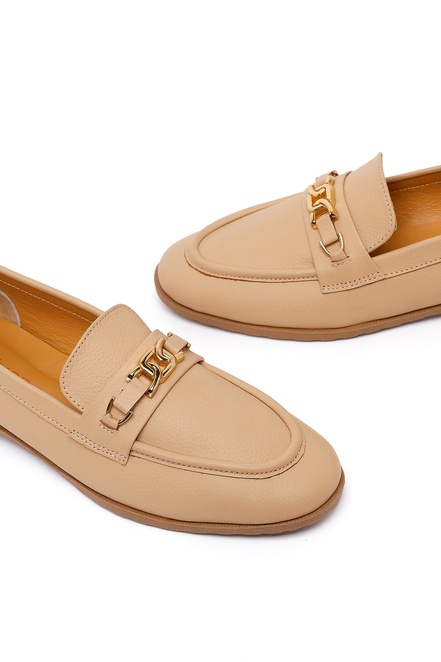 Kadın Bej Tokalı Maskülen Deri Loafer