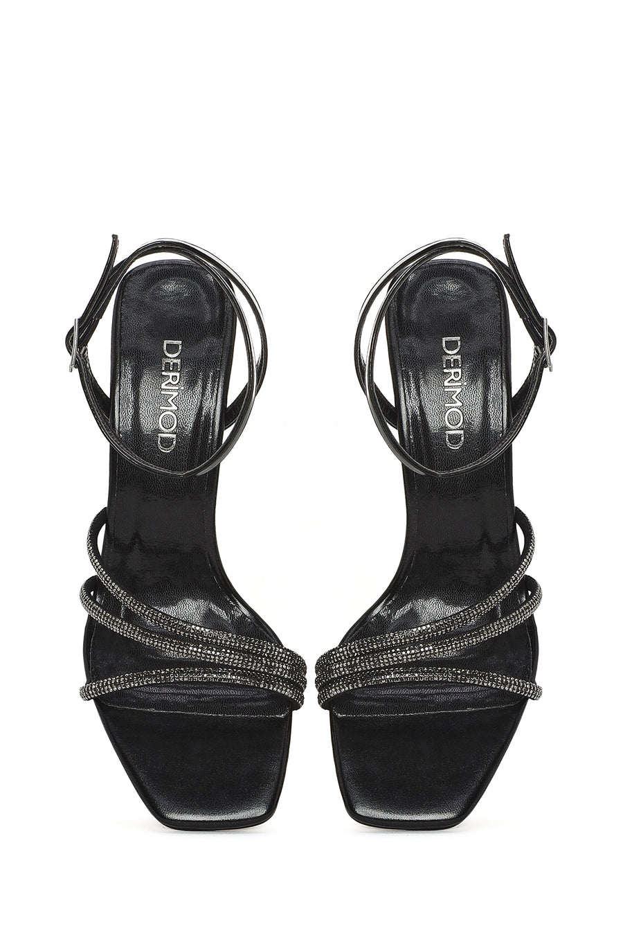 Women's Black Ankle Strap Stone Thin Heel Sandals