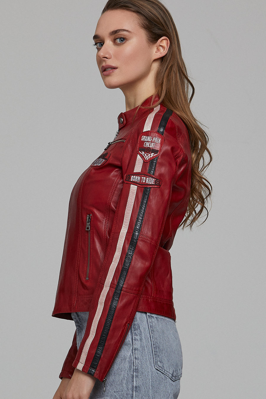 Ladyracer Women's Red Embroidered Sports Leather Coat