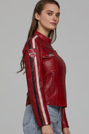 Ladyracer Women's Red Embroidered Sports Leather Coat | Derimod