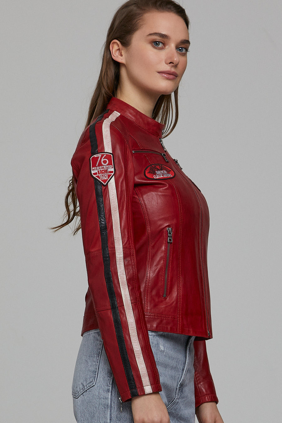 Ladyracer Women's Red Embroidered Sports Leather Coat