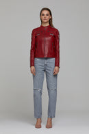Ladyracer Women's Red Embroidered Sports Leather Coat | Derimod
