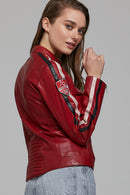 Ladyracer Women's Red Embroidered Sports Leather Coat | Derimod