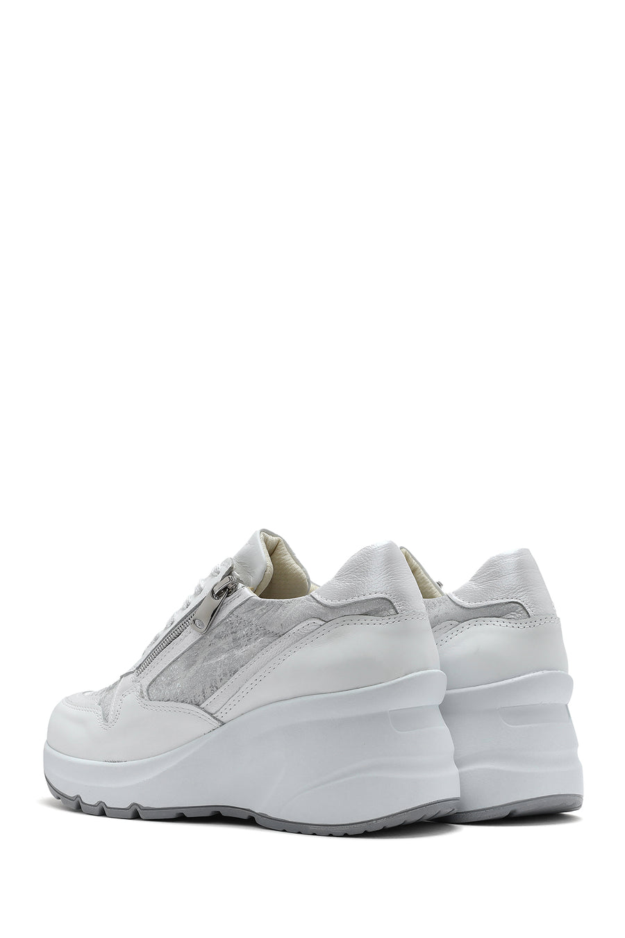 Kadın Beyaz Dolgu Topuklu Bağcıklı Deri Sneaker