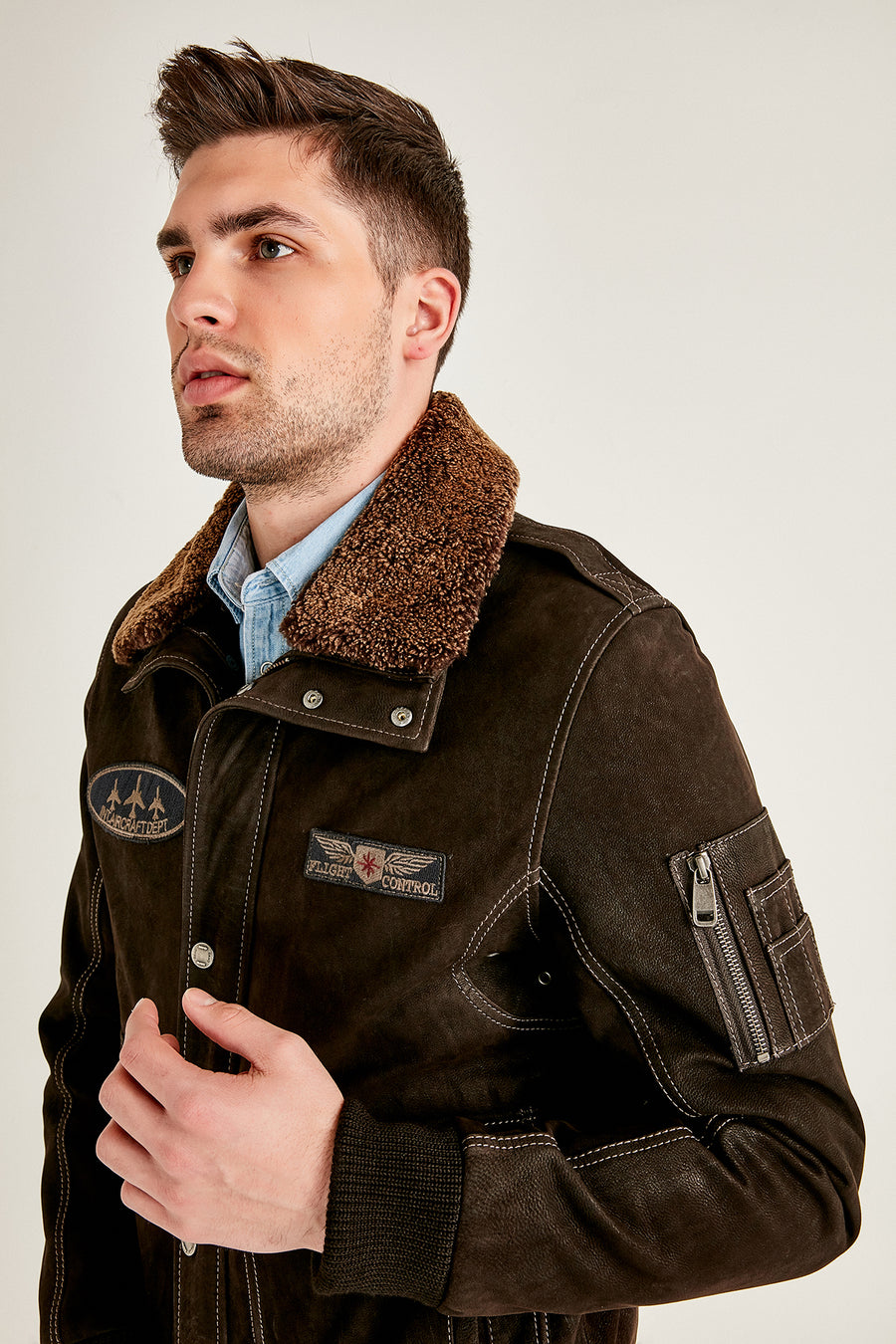 Air Force Men's Brown Fur Collared Nubuck Leather Pilot Jacket