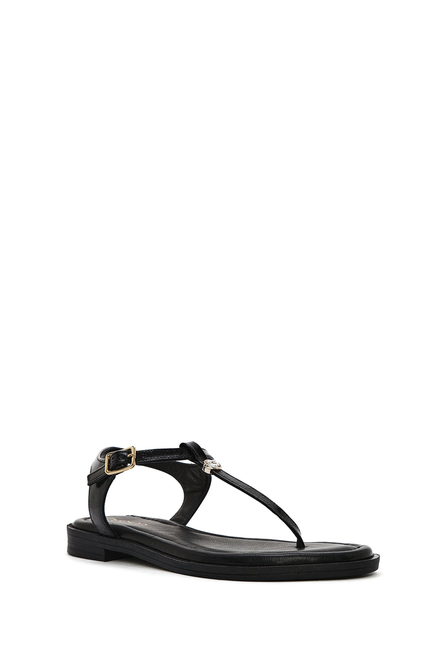 Women's Black Ankle Buckle Flip-Flop Leather Sandals