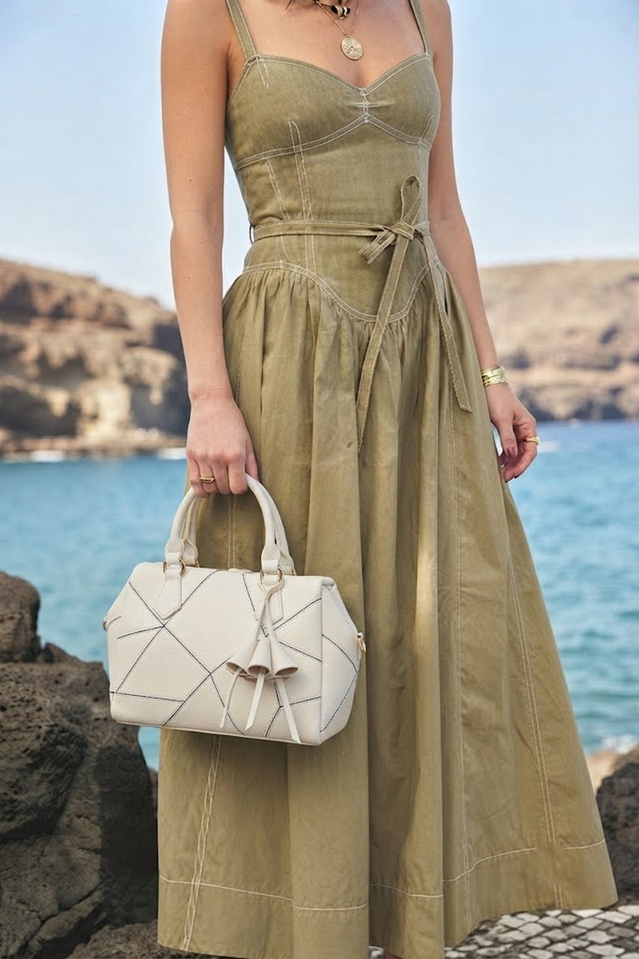 Woman Cream Long Strap Printed Shoulder Bag