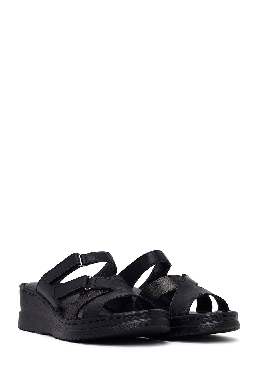 Woman Black Wedge Heel Leather Comfort Slipper
