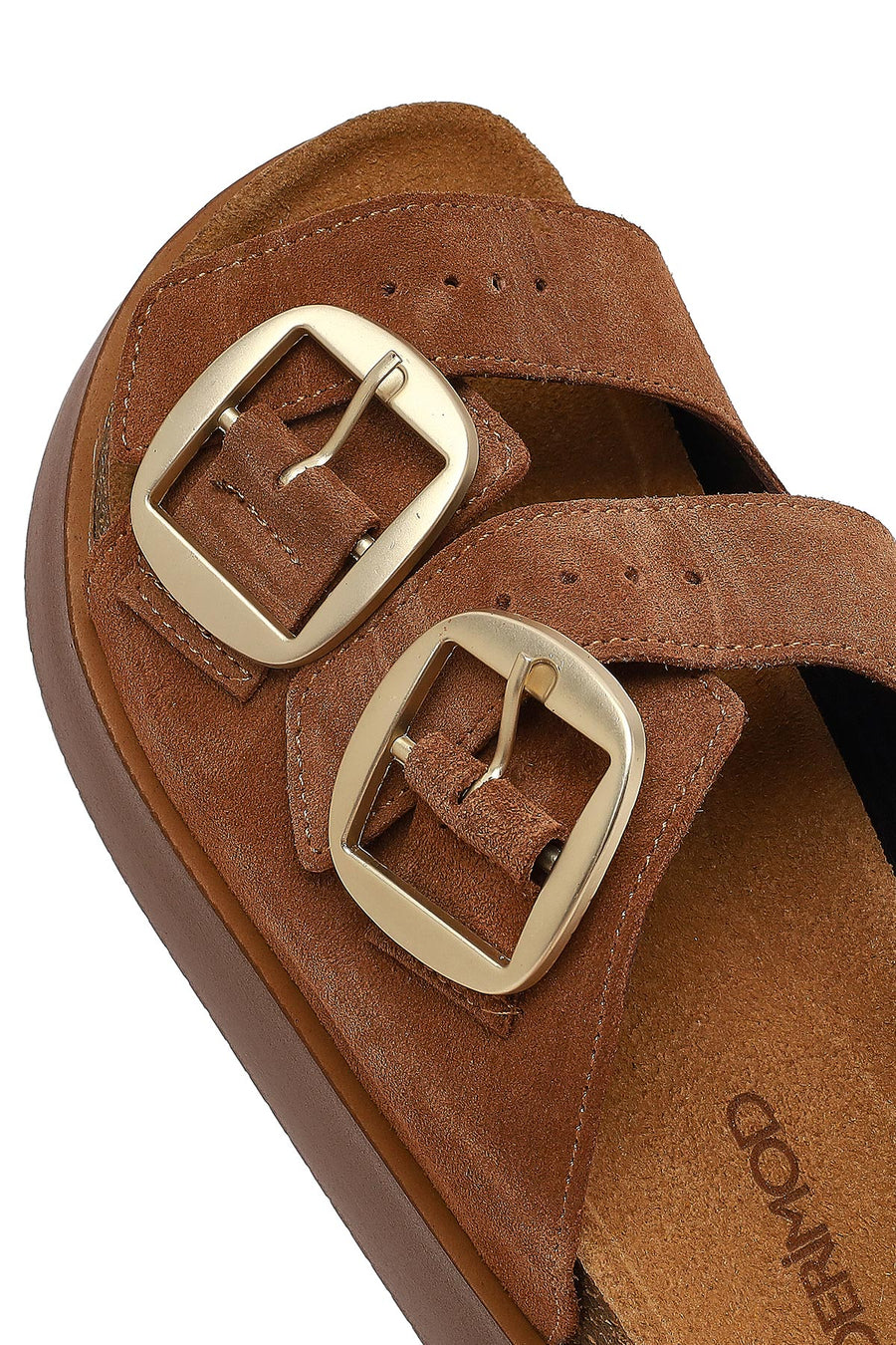 Women's Tan Double Buckle Thick Sole Suede Leather Slippers