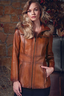 Rachel Women's Camel Hooded Fur Leather Coat | Derimod