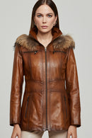 Rachel Women's Camel Hooded Fur Leather Coat | Derimod