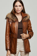 Rachel Women's Camel Hooded Fur Leather Coat | Derimod