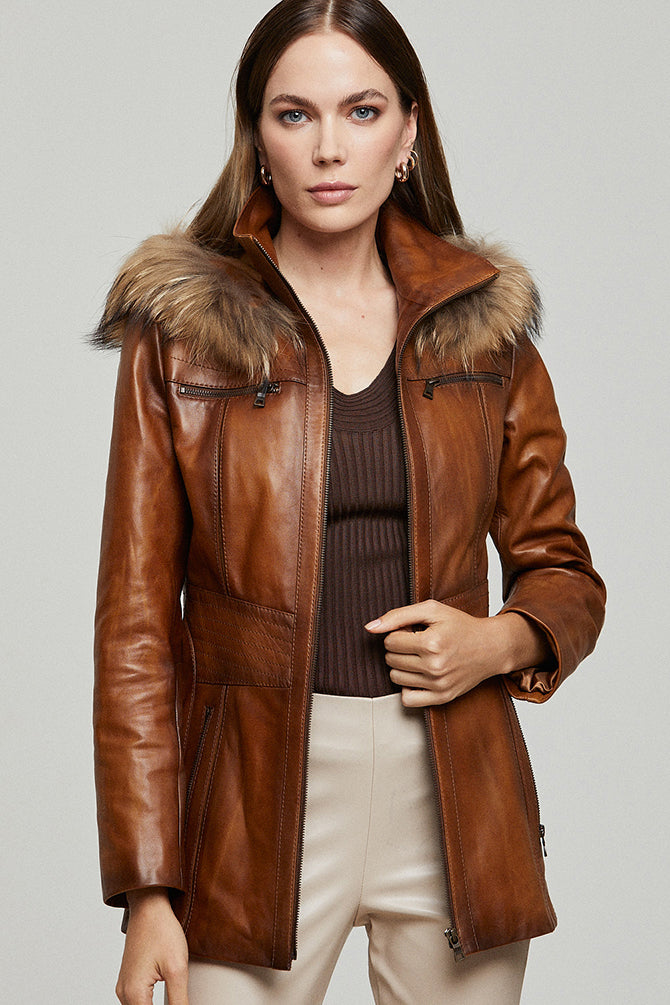 Rachel Women's Camel Hooded Fur Leather Coat