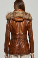 Rachel Women's Camel Hooded Fur Leather Coat | Derimod