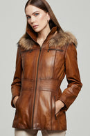 Rachel Women's Camel Hooded Fur Leather Coat | Derimod