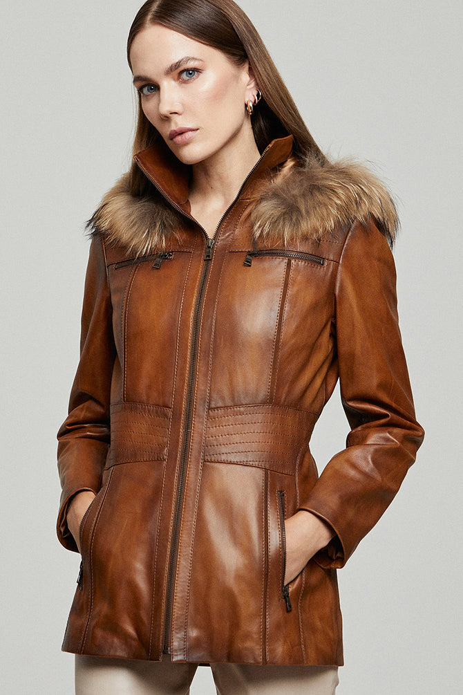 Rachel Women's Camel Hooded Fur Leather Coat