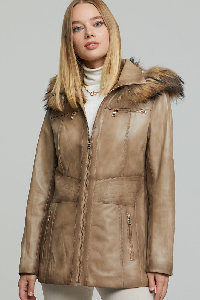 Rachel Women's Sand Hooded Fur Leather Coat