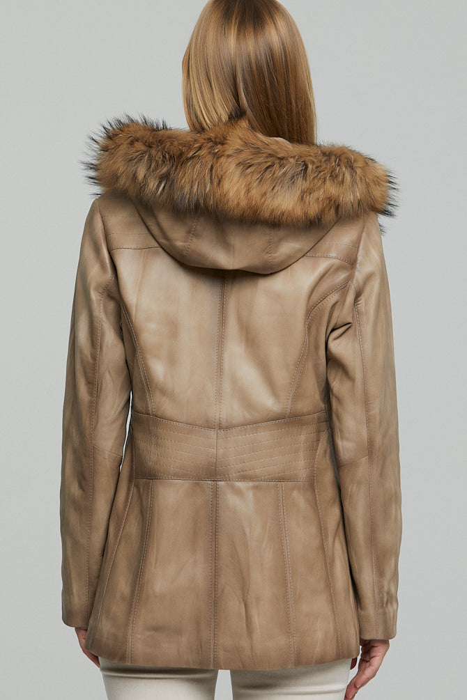 Rachel Women's Sand Hooded Fur Leather Coat